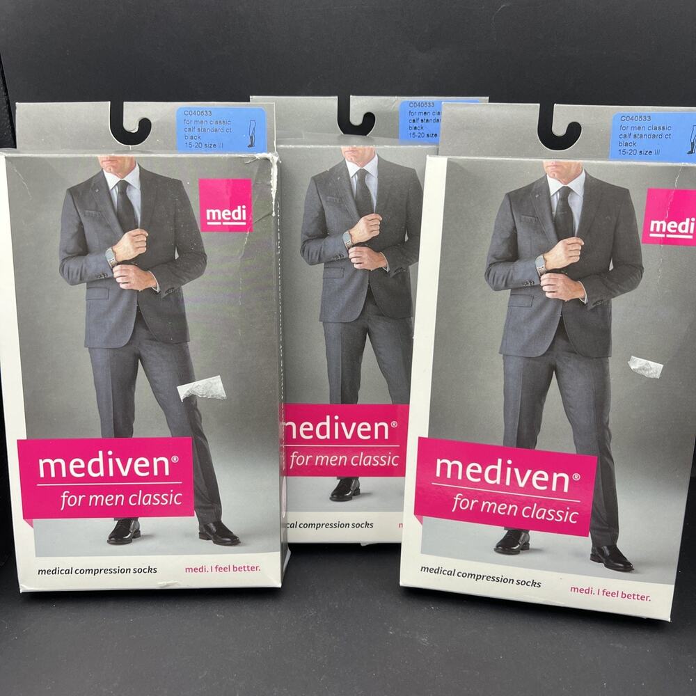 3 Mediven BLACK Mens Classic 15-20 mmHg Calf Compression Socks Size III